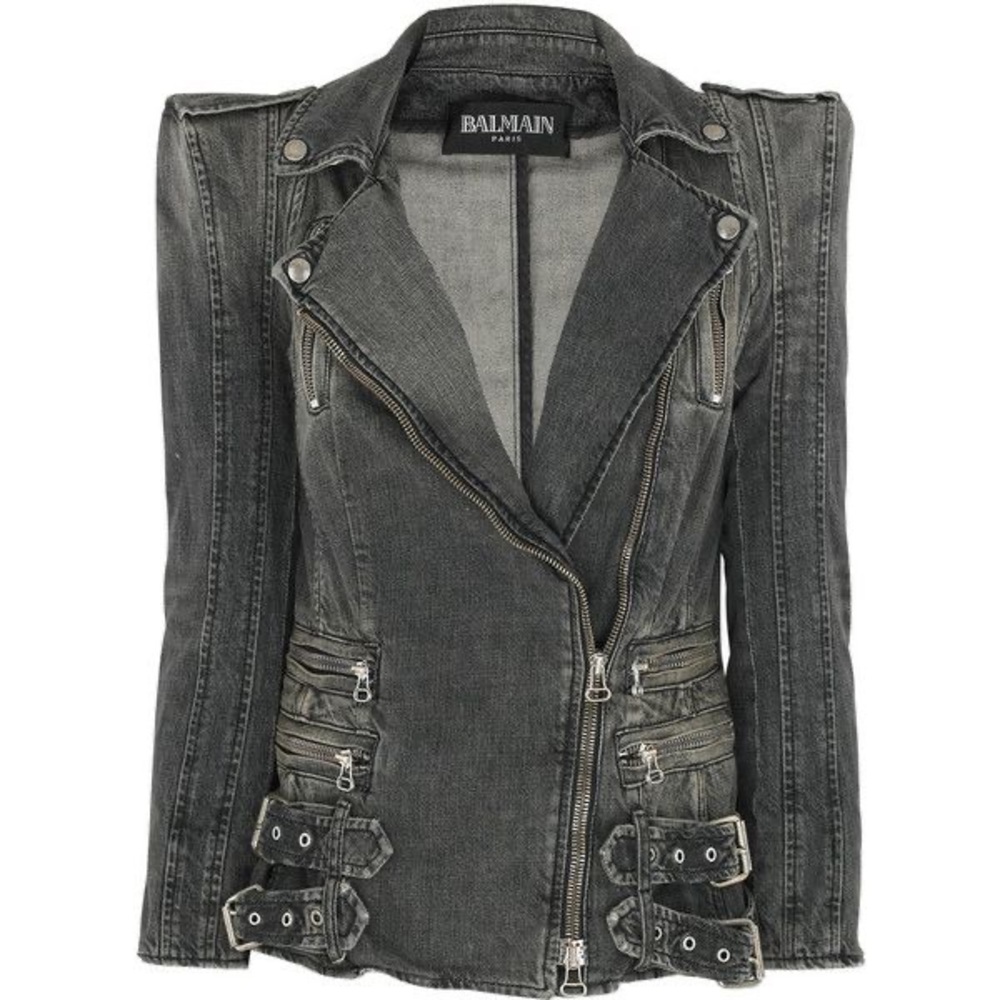 Balmain Paris moto biker denim jean jacket grey gray XS Kate Moss Kim Kardashian - Picture 12 of 12